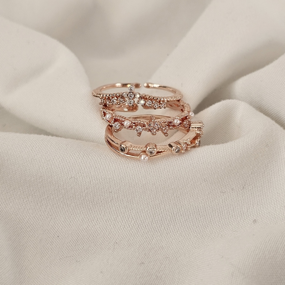 Rose gold tone rhinestone faux pearl 3pc stacked ring cuff set bling